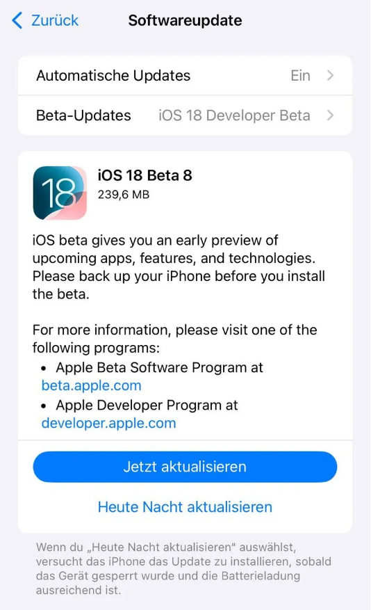 汕头苹果手机维修分享苹果 iOS / iPadOS 18 开发者预览版 Beta 8 发布 